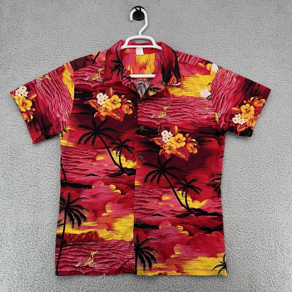 Palmwave Hawaii Hawaiian Shirt Men's Medium Red Tropical Floral Surf Camp Button